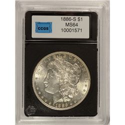 1886-S MORGAN SILVER DOLLAR, CCGS MS-64 SCARCE