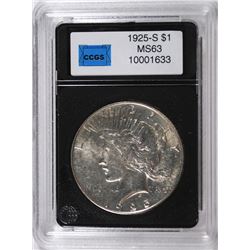 1925-S PEACE SILVER DOLLAR, CCGS MS-63 SEMI-KEY