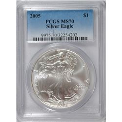 2005 AMERICAN SILVER EAGLE, PCGS MS-70 RARE LISTS IN PCGS PRICE GUIDE AT $700.00