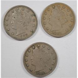 (3) V-NICKELS (1883 N/C, 1884, 1887)