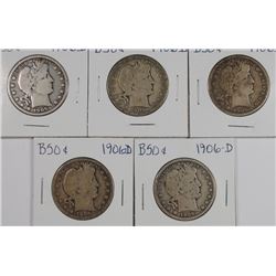 (5) 1906-D BARBER HALF DOLLARS