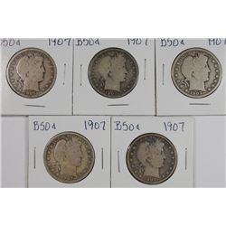 (5) 1907 BARBER HALF DOLLARS