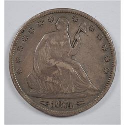 1874 SEATED HALF DOLLAR, WITH ARROWS, NICE XF+