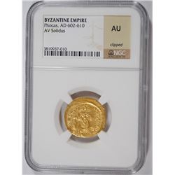 RARE BYZANTINE EMPIRE GOLD AV SOLIDUS, PHOCAS AD 602-610,  NGC AU