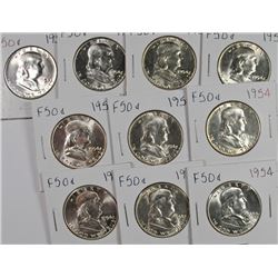 (10) 1954 FRANKLIN HALF DOLLARS CH BU