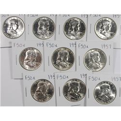 (10) 1957 FRANKLIN HALF DOLLARS CH BU