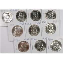 (10) 1958-D FRANKLIN HALF DOLLARS CH BU