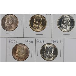(5) FRANKLIN HALF DOLLARS CH BU (1951, 1951-S, 1953, 1953-S, 1954)