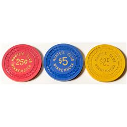 Three Unlisted Gaming Chips from Monte's Club