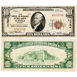Eureka, Nevada - $10, 1929 Type 1, The Farmers And Merchants National Bank Of, Charter 11784.  Fr. 1