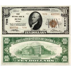 Reno, Nevada - $10, 1929 Type 2, First National Bank In, Charter 7038 (Second Title).  Fr. 1801-2