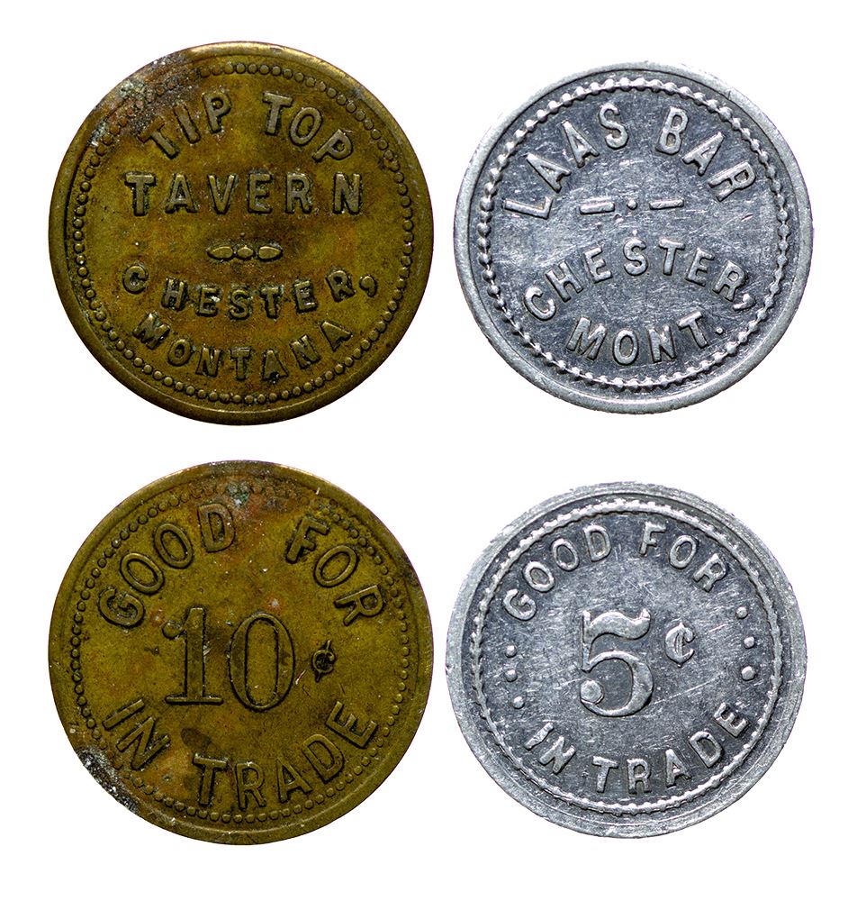 Two Chester Bar Tokens: Tip Top Tavern and Laas Bar (Chester, Montana)