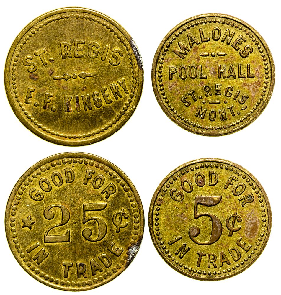 Malones Pool Hall and E.F. Kingery Tokens (St. Regis, Montana)