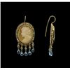 Image 2 : Cameo, Blue Topaz and Diamond Earrings - 14KT Yellow Gold