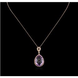 13.08ct Amethyst and Diamond Pendant With Chain - 14KT Rose Gold