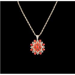 14KT Yellow Gold 19.87ctw Red Coral & Diamond Pendant with Chain