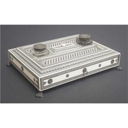 ANGLO INDIAN INKSTAND, profusely decorated with ivory and hardwood parquetry, fitted a drawer and...