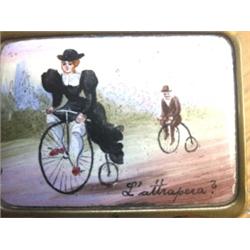 Late 19th century French gilt and enamel vesta case, the cover painted with a lady on a penny-far...