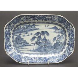 18th century Chinese Nankin oblong octagonal dish painted with a pagoda and willow tree in a rive...