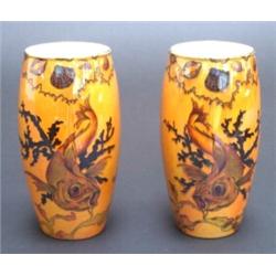 GOOD OPPOSING PAIR OF 1920S A G RICHARDSON CROWN DUCAL ORANGE GROUND LUSTRE VASES, the slender ba...