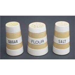 T G Green 'Cornish Gold' ware set of three castors, 'Sugar', 'Salt' and 'Flour', restyled by Judi...
