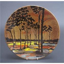 1970s Poole Pottery 'Aegean' series plaque, decorated with silhouette trees in a landscape, 13 1/...