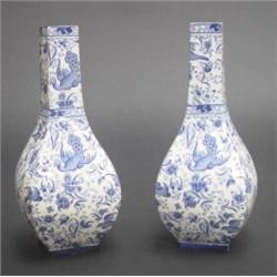 Pair of Burgess and Leigh 'Burley Ware' vases decorated with a blue and white chinoiserie pattern...