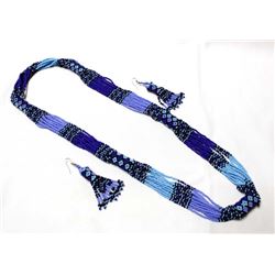 Hand Beaded Blue and Purple Necklace and Earrings