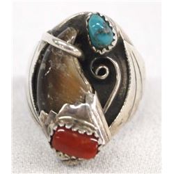 Navajo Sterling Silver Turquoise Coral Ring, Sz 10