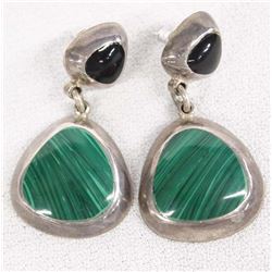 Taxco Sterling Silver Malachite and Jet Earrings