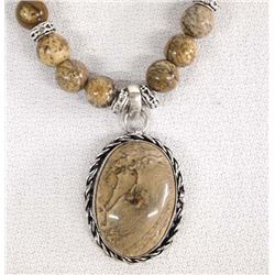 Antiqued Silver Picture Jasper Beaded Necklace