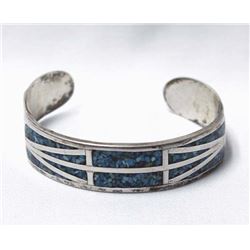 1970 Navajo Sterling Chip Inlay Turquoise Bracelet