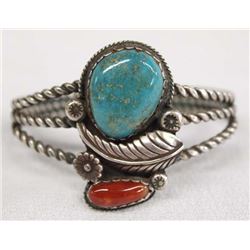 Navajo Sterling Silver Turquoise Coral Bracelet
