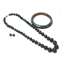 Malachite Necklace, Bangle Bracelet, and Earrings