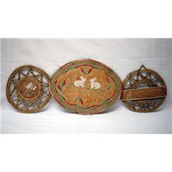 3 Antique Iroquois Porcupine Quill Basketry Trays