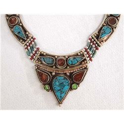 Nepalese Tribal Turquoise & Coral Inlay Necklace