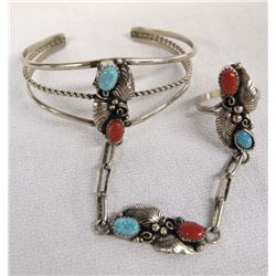Navajo Silver Turquoise Coral Slave Bracelet, Ring