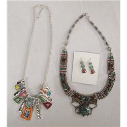 2 Tribal Style Necklaces, 1 Pair Matching Earrings