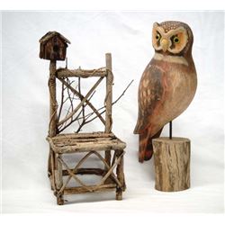 Carved Wooden Owl with Wood Chair