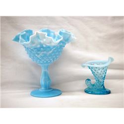 Fenton Blue Slag Dish and Hobnail Cornucopia