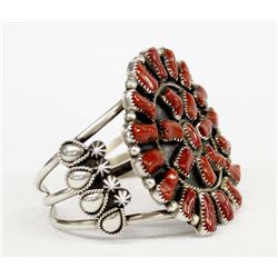 Navajo Sterling  Coral Cluster Bracelet by Running Bear