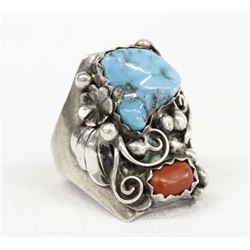 1970  Navajo Sterling Turquoise Coral Ring by Yazzie