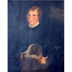 19th century American School. Portrait of a boy and his dog. Oil on canvas. Framed. Several tears...