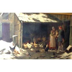 E.R. Maes, Jan David Col. "Feeding The Chicken". Oil on canvas, signed E.R. Maes - D. Col in lowe...