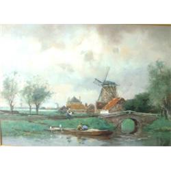 Willem. Landscape with windmill and figures in a boat. Gouache on paper, signed. 16" X 24" $200-4...