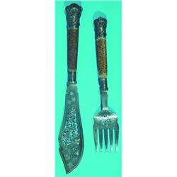 ENGLISH PLATED FISH SET - Sterling bands, antler handles, openwork blades.  L-10 1/2" & 13 1/2",...
