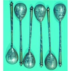 SET OF 6 RUSSIAN SILVER SPOONS - Bottom of bowls engraved with buildings, vermeil bowls.  L-4 1/4...
