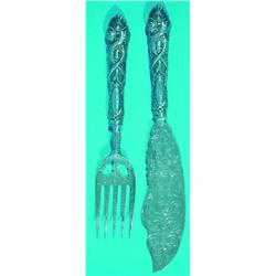 SILVER FISH SET - Ornately engraved blade, entwined dolphin, filled handles, Albert Cole.  L-12",...
