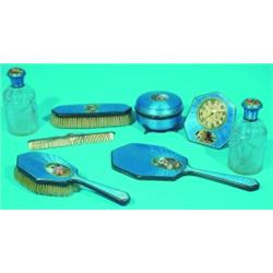 8 PIECE ENAMELED STERLING DRESSER SET - Austria, blue enamel with painted courting vignettes; sli...