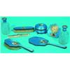 Image 1 : 8 PIECE ENAMELED STERLING DRESSER SET - Austria, blue enamel with painted courting vignettes; sli...